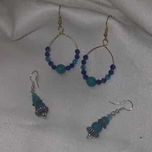 2 Pair Handmade Earrings w New & Upcycled ♻️ Beads Gold Hoops & Silver Dangling